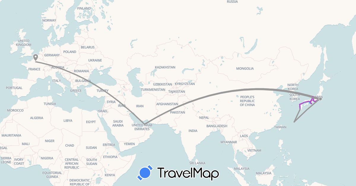 TravelMap itinerary: plane, train, boat in United Arab Emirates, France, Japan (Asia, Europe)